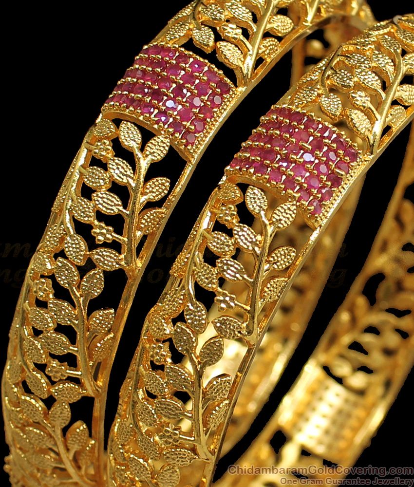 BR1683-2.6 Amazing Broad Enamel Forming Gold Kada Bangles With Ruby Stones