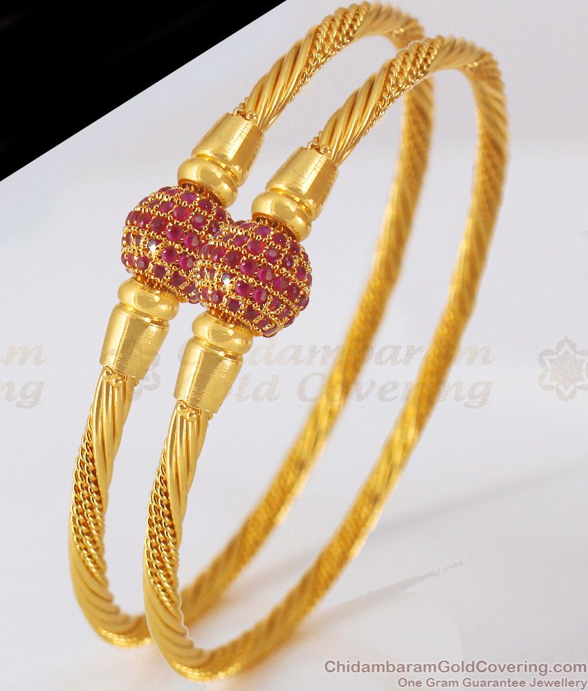 BR1770-2.4 Ruby Stone Ball Design Gold Bangle Womens Office Wear