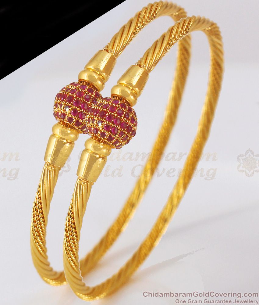 BR1770-2.8 Ruby Stone Ball Design Gold Bangle Womens Office Wear