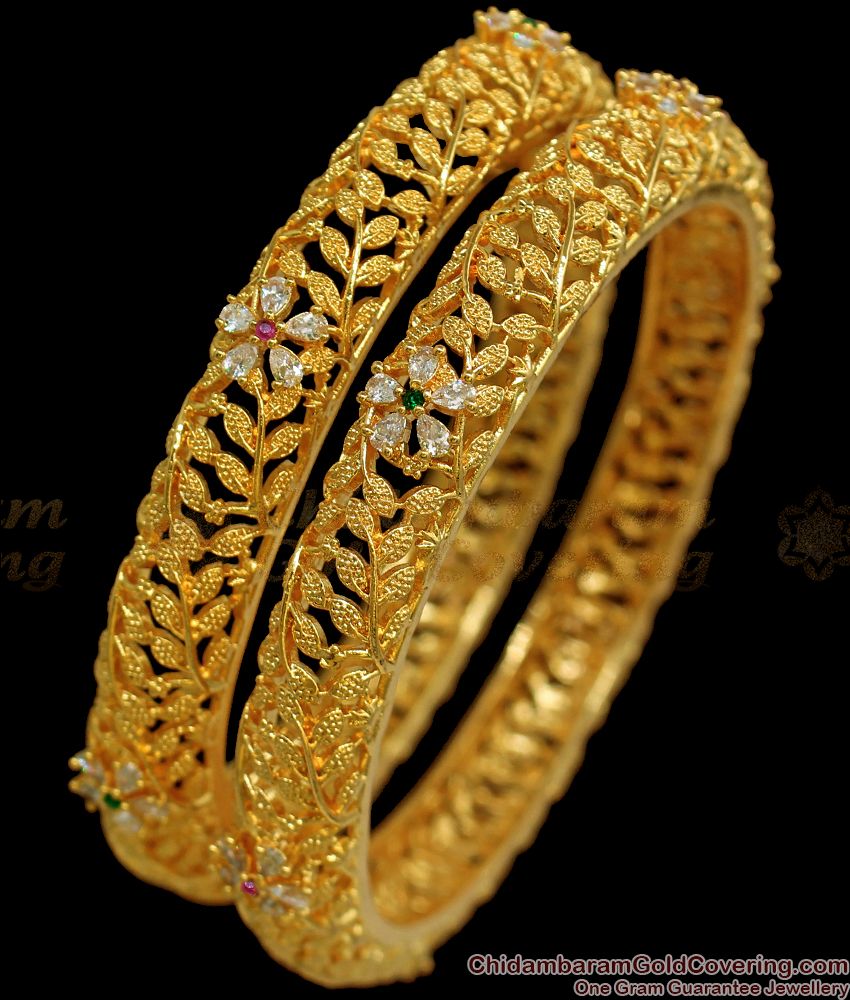 BR1787-2.8 Grand Leaf Flower Gold Bangle Ad Stone Party Wear