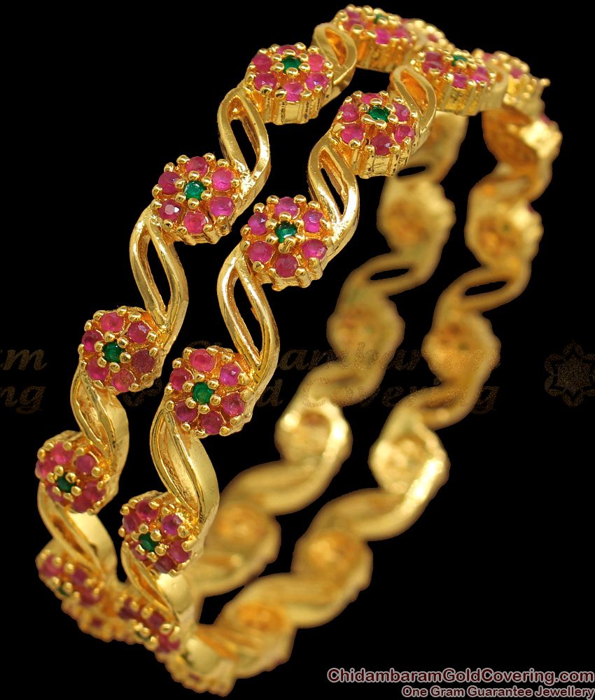 BR1793-2.4 Ruby Emerald Flower Design Gold Bangle Latest Collections