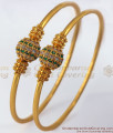 BR1860-2.4 Size Half Ball Shaped Diamond Green Stone Gold Bangles