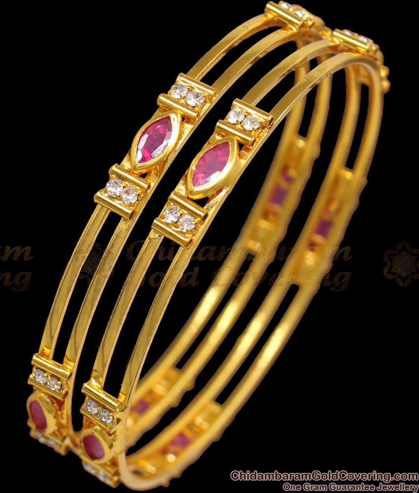 BR1862-2.4 Size One Gram Gold Bangle Stunning Double Line Ruby Stone Design