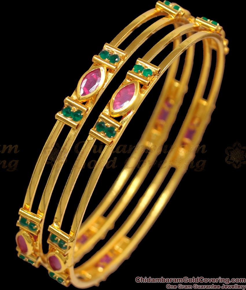 BR1863-2.8 Size Trendy Ruby Emerald Stone Real Gold Tone Bangles Buy Online