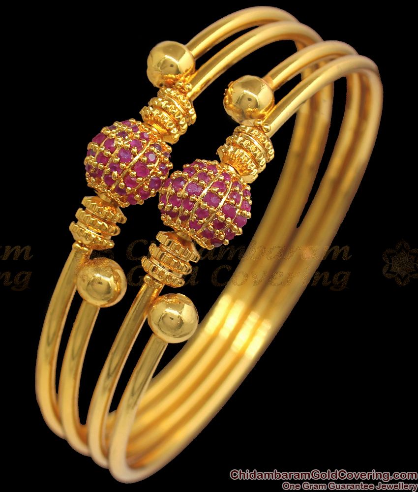 BR1864-2.6 Size Royal Ruby Stone Semi Ball Pattern Gold Bangle Collections