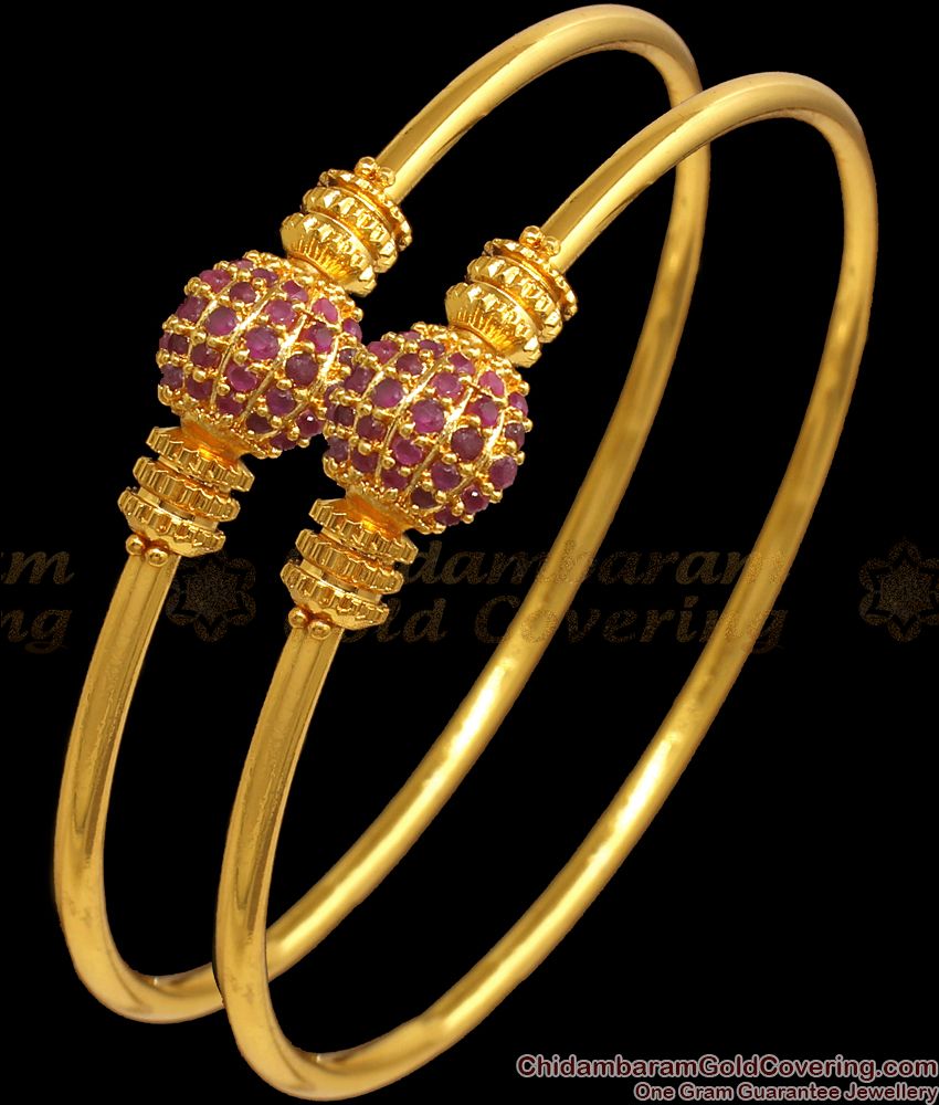 BR1884-2.4 Size Half Ball Full Ruby Stone Gold Bangles Shop Online