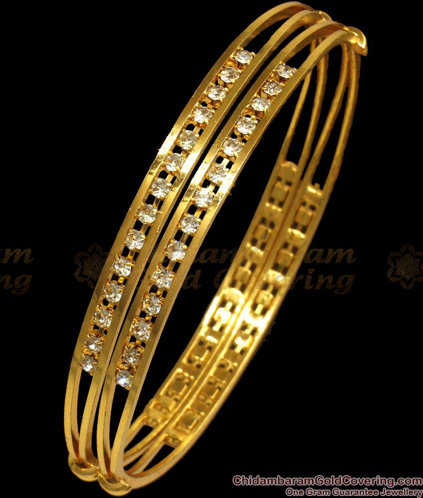 BR1921-2.4 Size Double Layer Gold Plated Bangles White Stones Jewelry