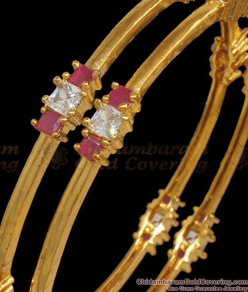 BR1942-2.6 Size Heavy Gold Plated Bangles With Ruby White Stone