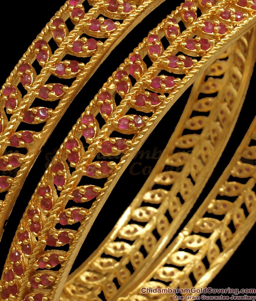 BR1947-2.6 Size Leaf Design One Gram Gold Bangle With Ruby Stone 