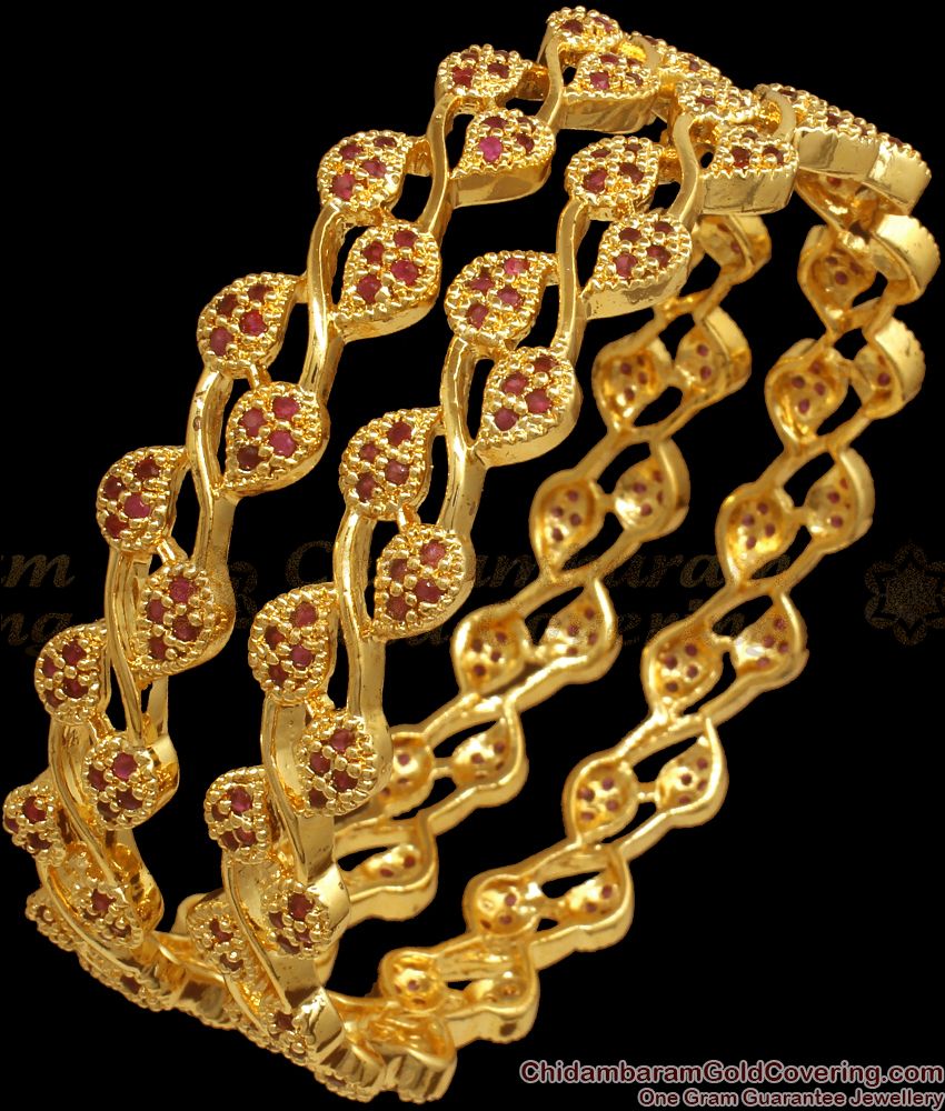 BR1954-2.4 Size Grand Gold Bangles Ruby Stone Leaf Pattern Bridal Wear