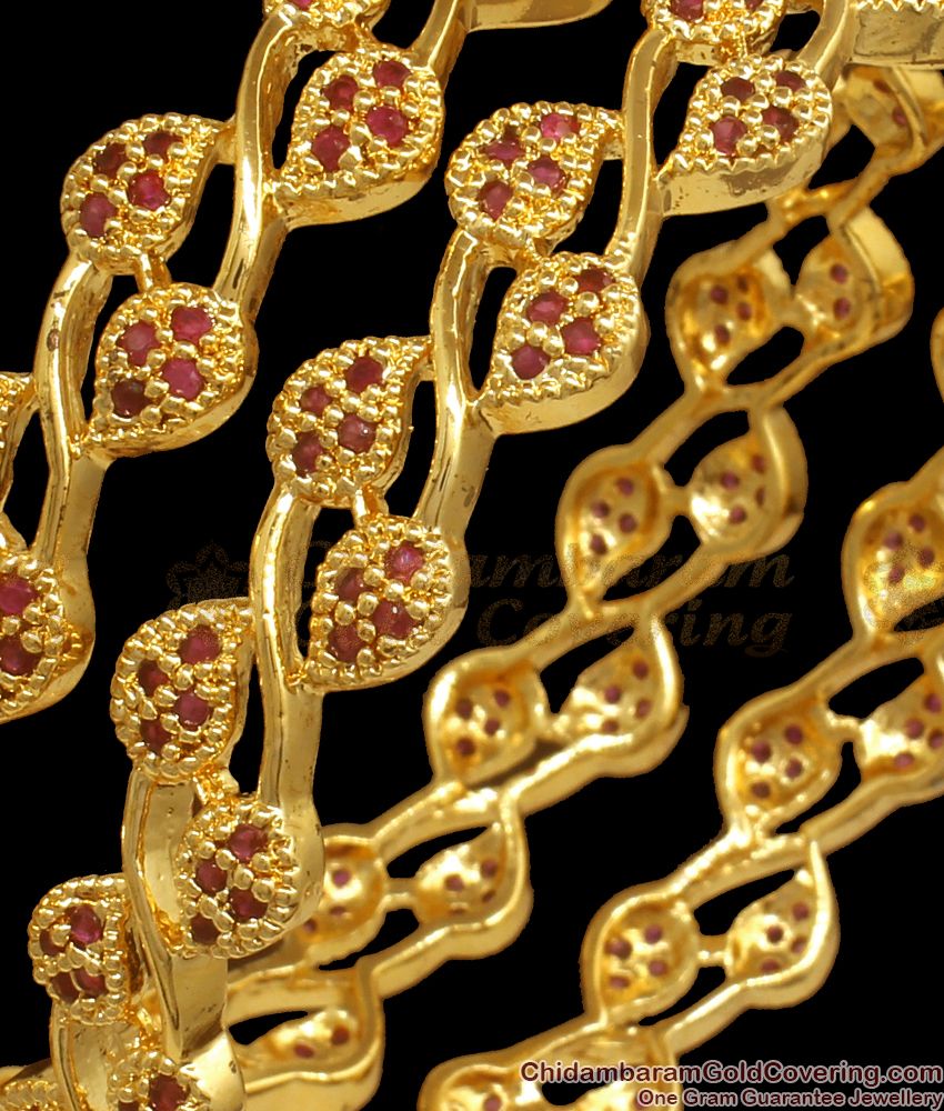 BR1954-2.6 Size Grand Gold Bangles Ruby Stone Leaf Pattern Bridal Wear