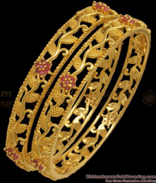 BR1956-2.6 Size Handcrafted Gold Bangles Floral Design Ruby Stone Jewelry BR1956-2.6 Size Handcrafted Gold Bangles Floral Design Ruby Stone Jewelry