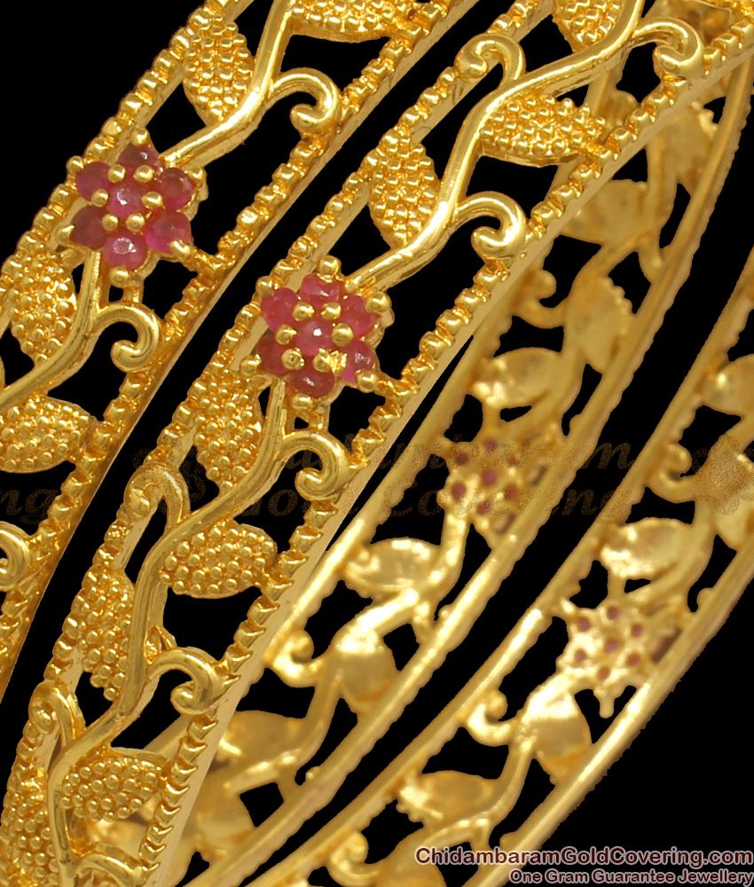 BR1956-2.8 Size Handcrafted Gold Bangles Floral Design Ruby Stone Jewelry