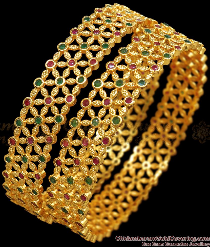 BR1979-2.4 Majestic Broad One Gram Gold Kada Bangles With Ruby Emerald Stones