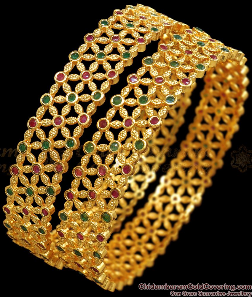 BR1979-2.8 Majestic Broad One Gram Gold Kada Bangles With Ruby Emerald Stones