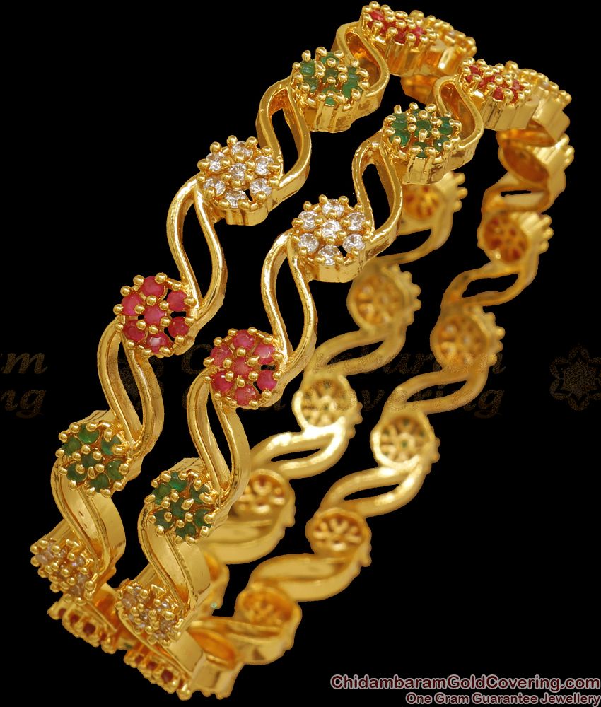 BR2011-2.4 Size Multi Color Stone Gold Plated Bangle Floral Design