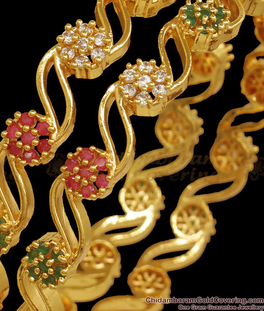 BR2011-2.6 Size Multi Color Stone Gold Plated Bangle Floral Design