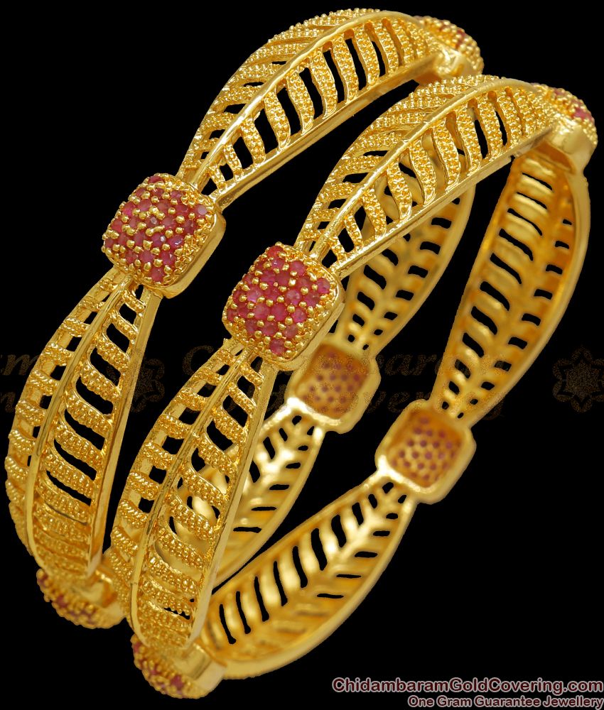 BR2019-2.4 Size One Gram Gold Bangle Leaf Design Ruby Stone Collections