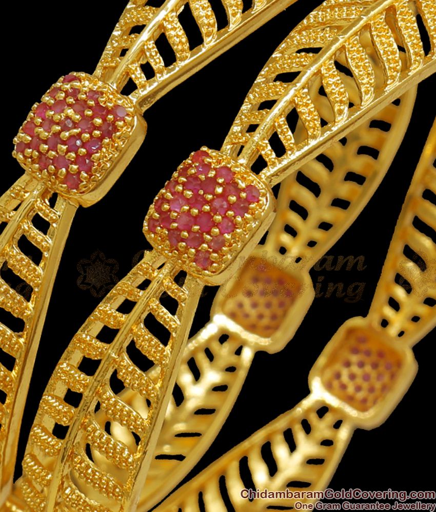 BR2019-2.8 Size One Gram Gold Bangle Leaf Design Ruby Stone Collections