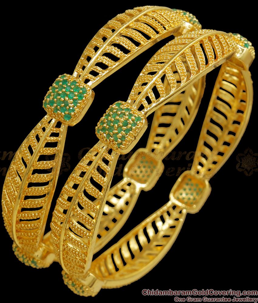 BR2020-2.6 Size One Gram Gold Bangle Leaf Design Green Emerald Collections