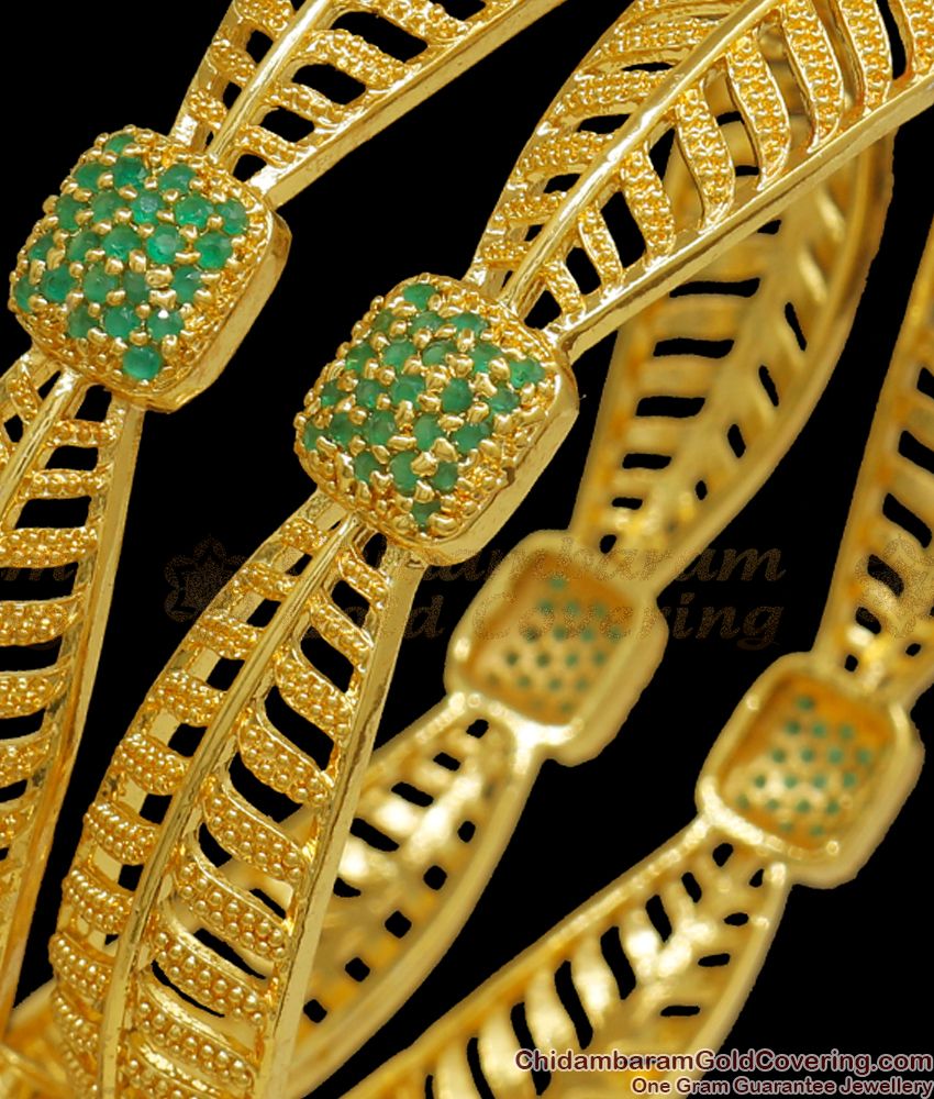 BR2020-2.4 Size One Gram Gold Bangle Leaf Design Green Emerald Collections