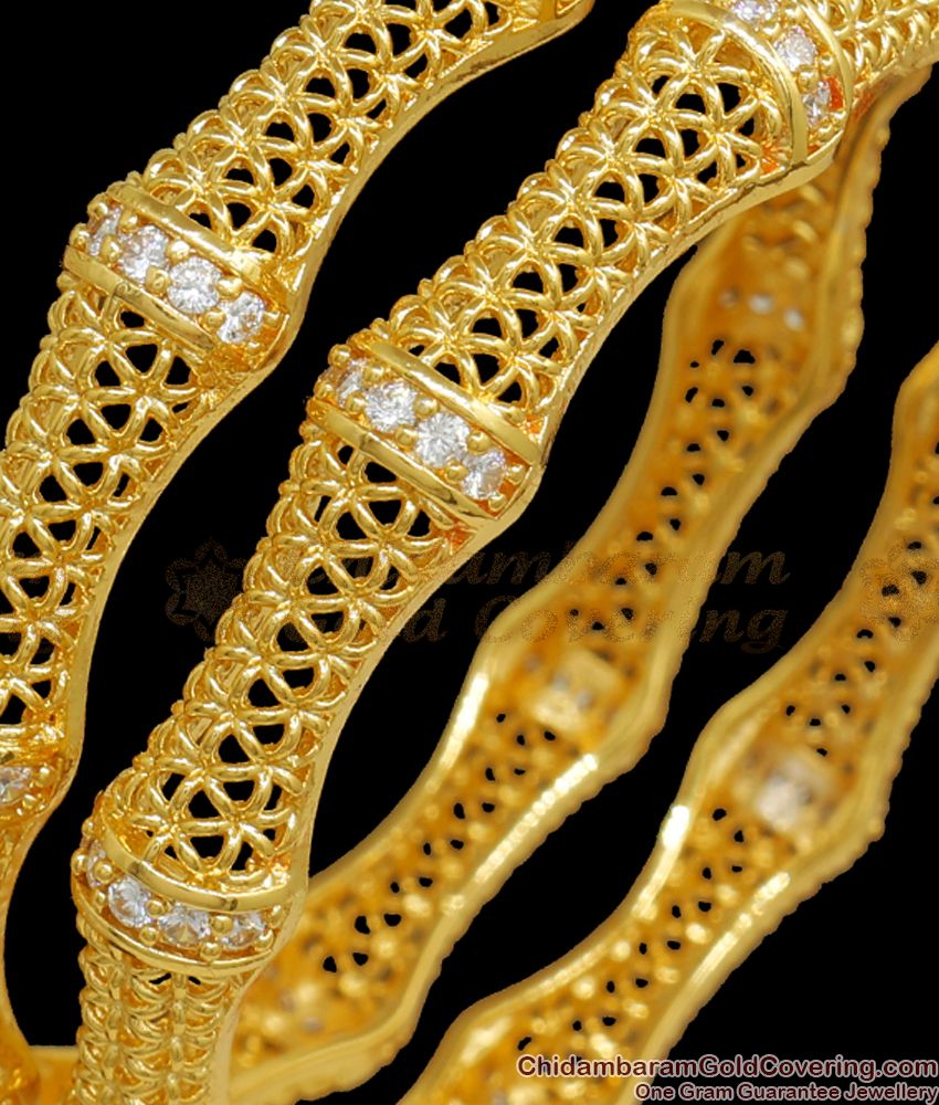 BR2021-2.4 Size Gorgeous Net Pattern Gold Plated Bangle White Stone