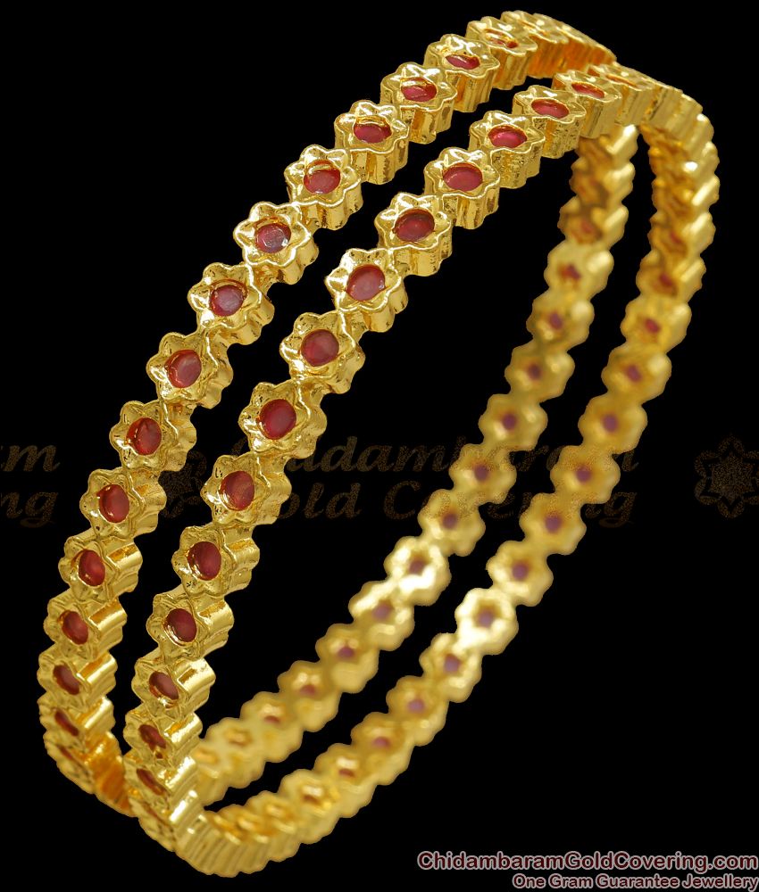 BR2109-2.6 Size Floral Ruby Stone Gold Bangles Party Wear Collections
