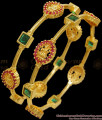 BR2114-2.6 Size Traditional Lakshmi Pattern Gold Bangles Green Kemp Stones