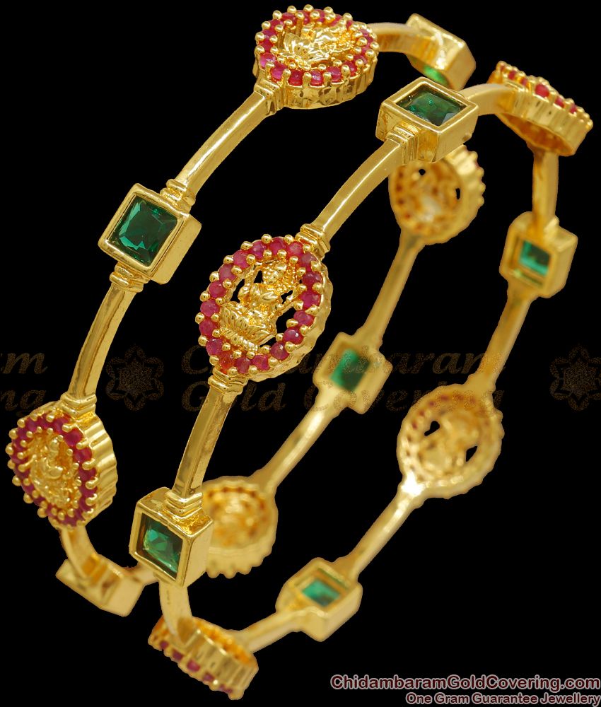 BR2114-2.6 Size Traditional Lakshmi Pattern Gold Bangles Green Kemp Stones