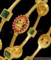 BR2114-2.6 Size Traditional Lakshmi Pattern Gold Bangles Green Kemp Stones