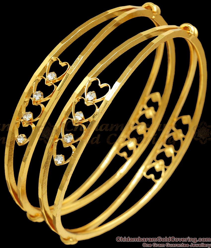 BR2119-2.10 Size One Gram Gold Bangle Heart Design With White Stones