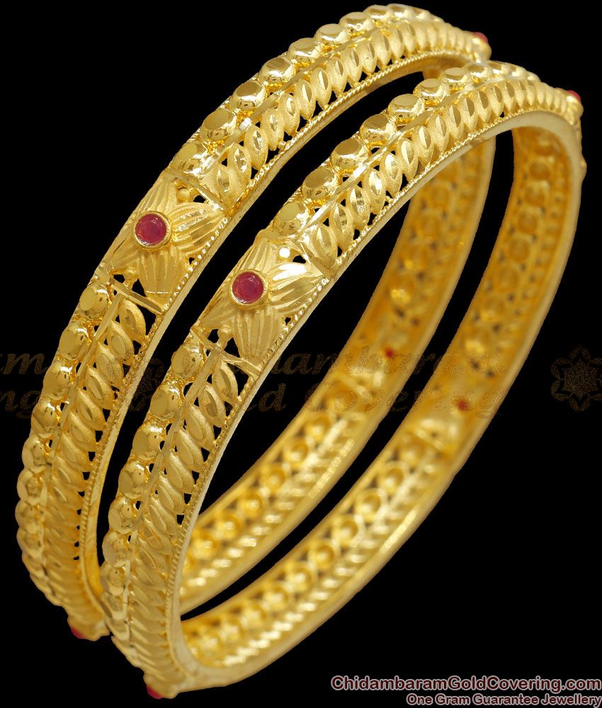 BR2129-2.8 Size 2 Gram Forming Gold Bangle Coral Red Stone Bridal Collections