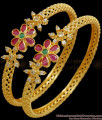 BR2147-2.6 Size Beautiful Floral Pattern Gold Bangles Ruby Green Kemp Stones