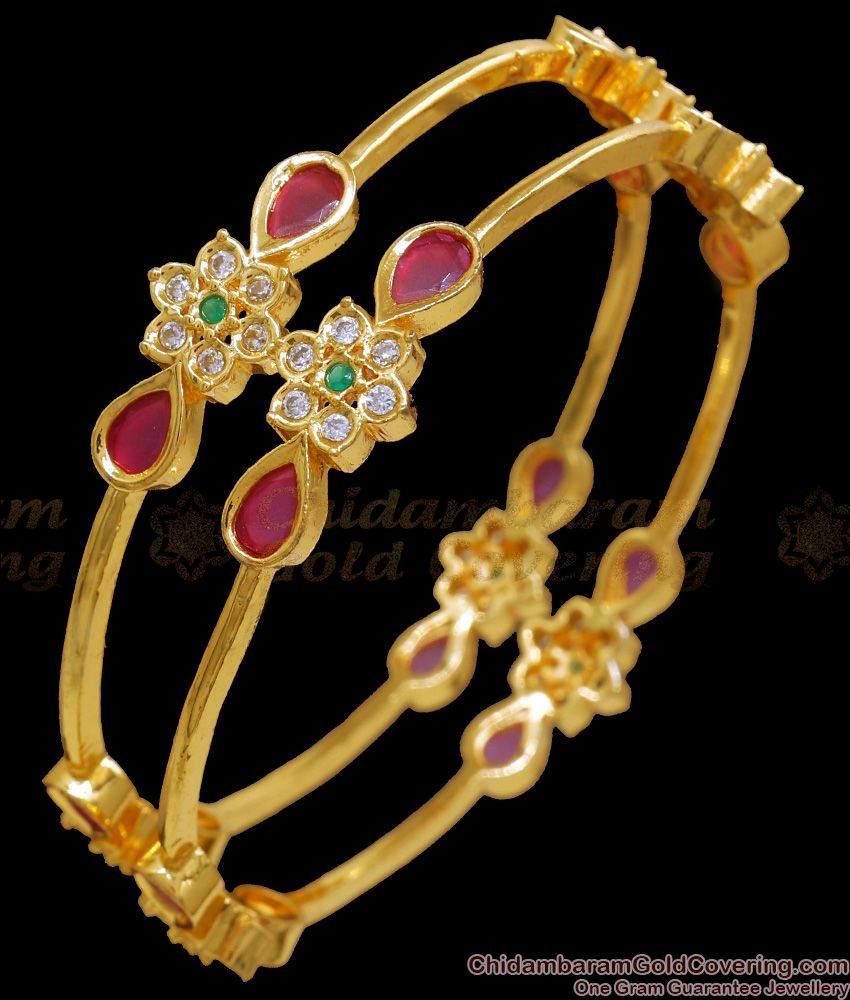 BR2149-2.8 Size Beautiful Set Of 2 CZ Ruby tone Gold Bangles Shop Online