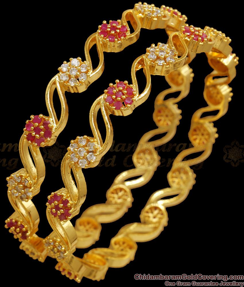 BR2151-2.4 Size Elegant Multi Stone Gold Imitation Bangles Floral Design
