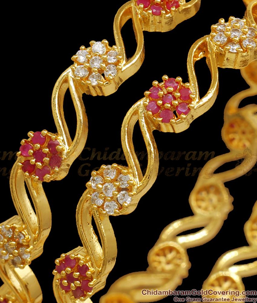 BR2151-2.4 Size Elegant Multi Stone Gold Imitation Bangles Floral Design