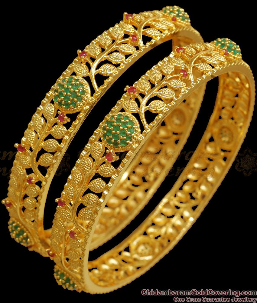 BR2152-2.6 Size Latest Emerald Stone One Gram Gold Bangles Shop Online