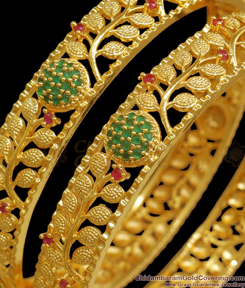 BR2152-2.4 Size Grand Emerald Stone One Gram Gold Bangles Shop Online