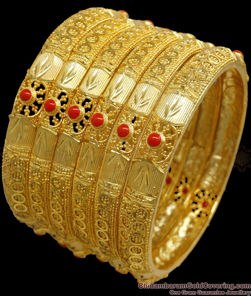 BR2154-2.8 Size Premium Forming 6 Set Gold Bangles Coral Pattern Karnataka Design