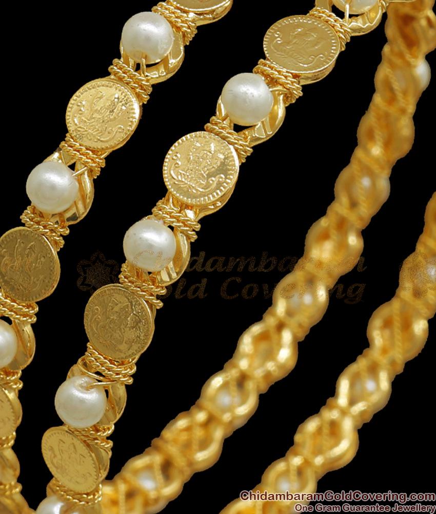 BR2166-2.6 Size White Pearls Bangles Lakshmi Coin Gold Plated Designs