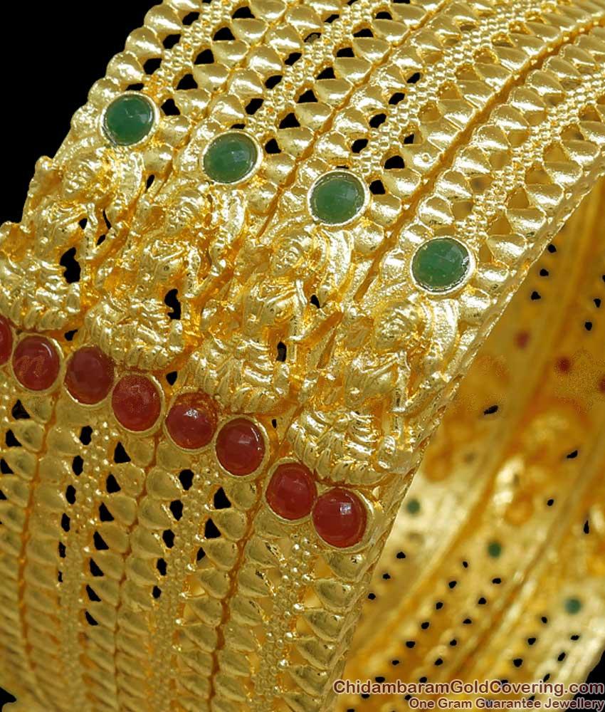 BR2209-2.6 Set of Four Gold Plated Bangle Lakshmi Design Ruby Green Stone