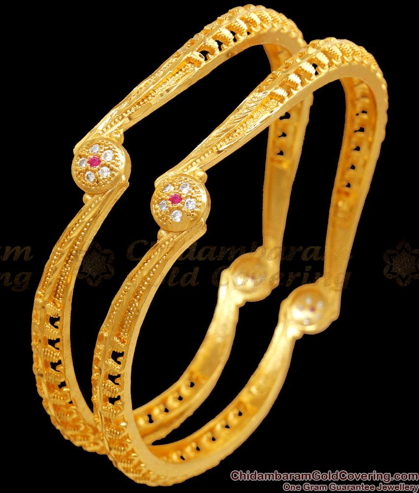 BR2251-2.6 Size Stylish Two Gram Gold Bangle White Ruby Stone Designs