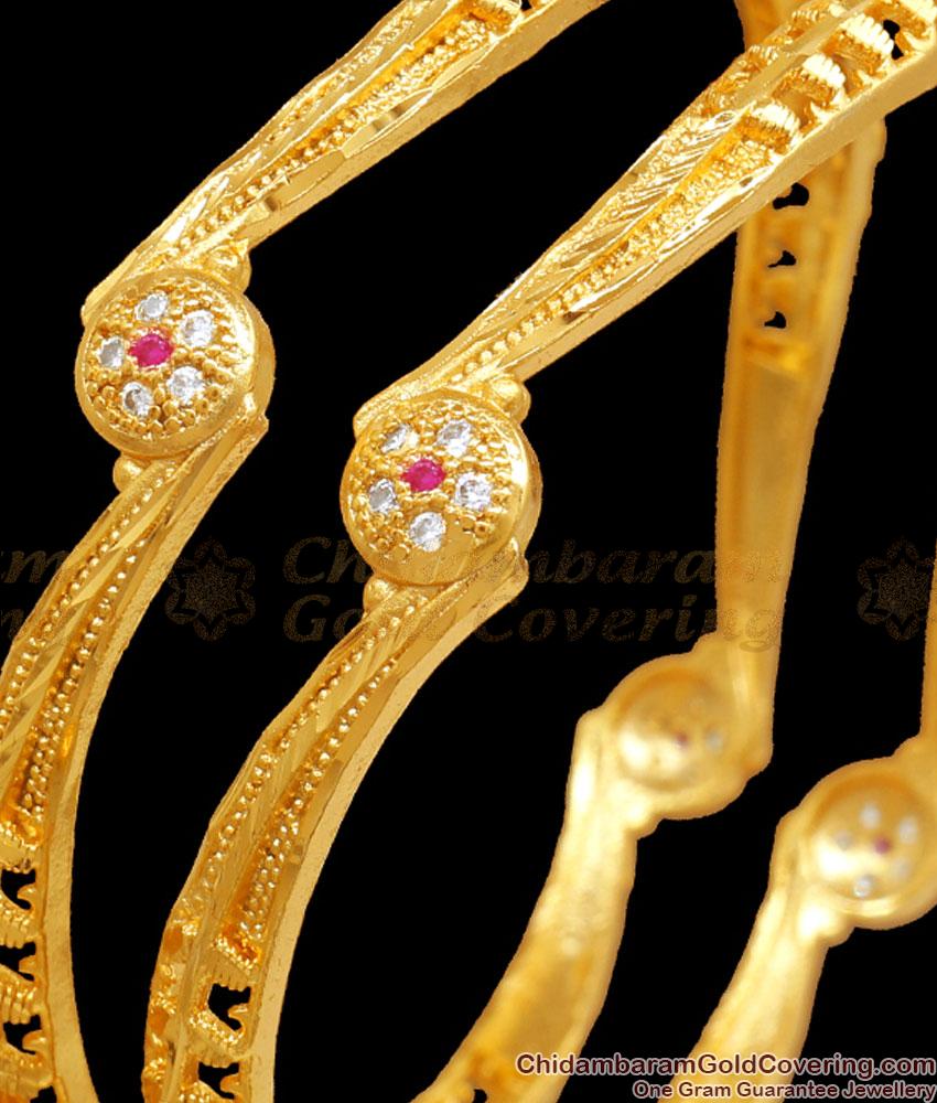 BR2251-2.8 Size Stylish Two Gram Gold Bangle White Ruby Stone Designs