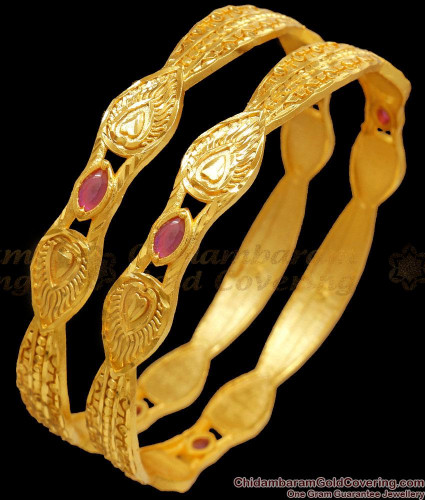BR2252 2.10 Size Traditional Kerala Forming Gold Bangle Ruby Kemp Stone Bridal Collections
