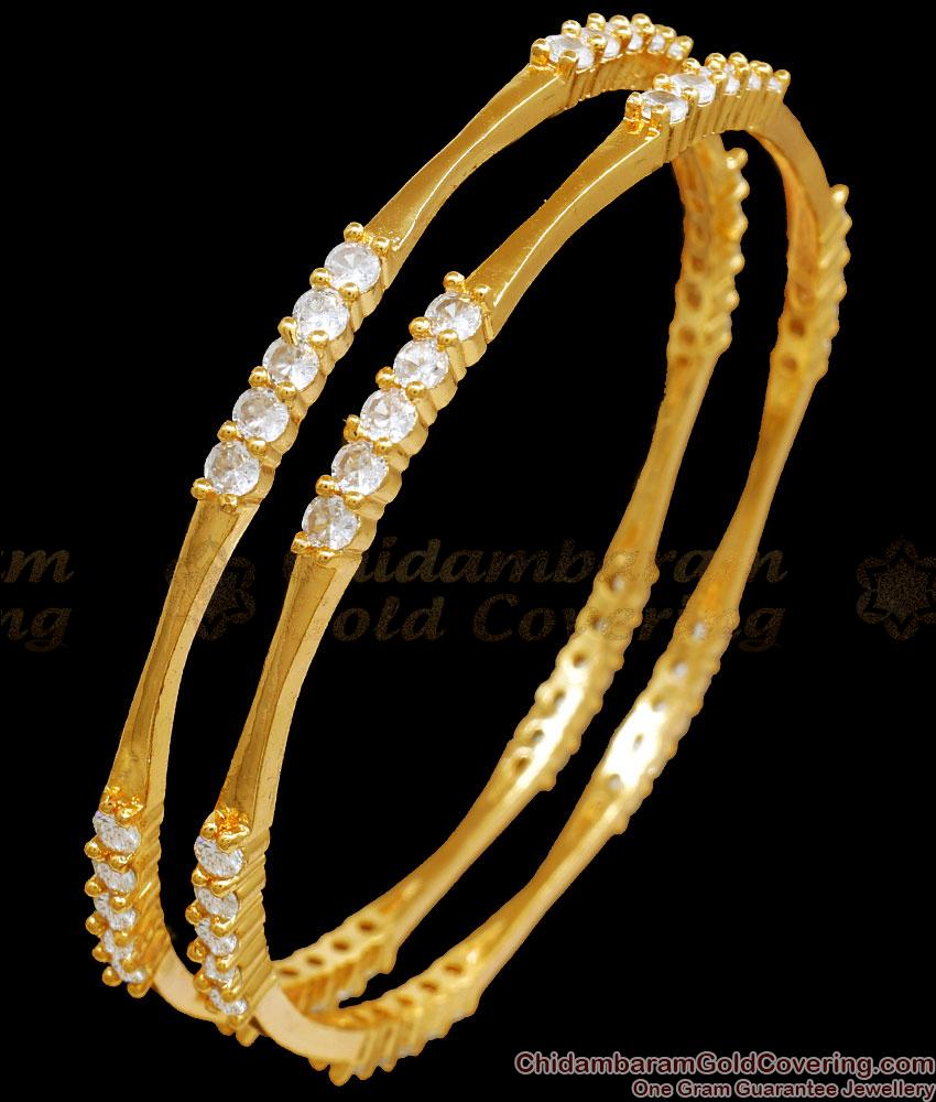 BR2259-2.4 Size Glittering White Stone Gold Bangles Slim Designs