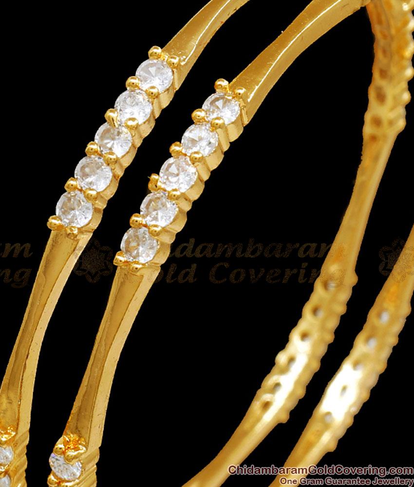 BR2259-2.4 Size Glittering White Stone Gold Bangles Slim Designs