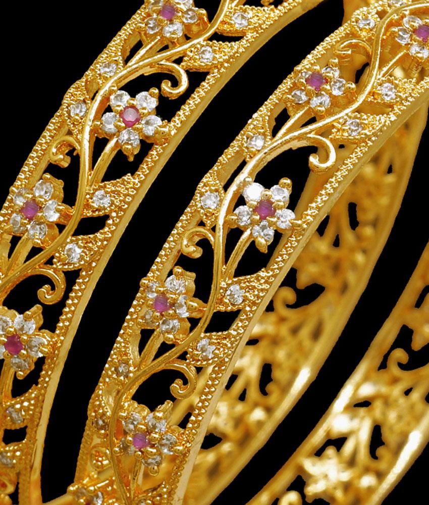 BR2273-2.6 Size Artistic Gold Imitation Bangle Ruby White Stone Floral Designs