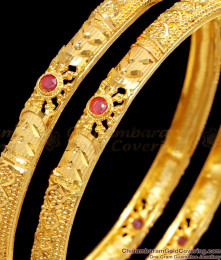 BR2445-2.10 Size Handcrafted Unique Forming Gold Bangle With Ruby Stone