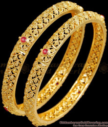 BR2455-2.10 Size Real Gold Look Ruby Stone Bangle Floral Design