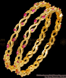 BR2517-2.6 Size Set Of 2 Ruby Stone Gold Plated Bangles For Women